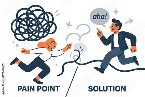 Problem Solved Illustration. Pitch Deck ? Problem & Solution. Split scene shows a tangled knot labeled ?pain point? and a smooth line labeled ?solution.? Text