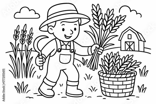 Farmer Coloring Page. Farming children?s coloring book illustration, outlined drawing, a farmer harvesting crops, educational design for kids, clear bold
