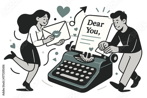 Typewriter Love Letters. Typewriter love letters. Keys jump like tiny hearts as a page curls out; ?Dear You,? glows on the first line. He seals an envelope