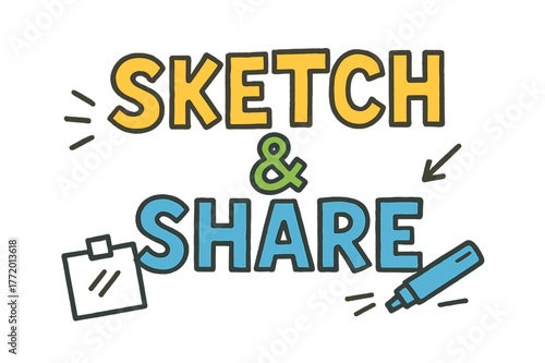 Playful Letter Doodles. Sketch & Share ? Doodle / Sketch; playful hand-drawn letters with rough outlines and arrows; casual offset stacking; colored lettering