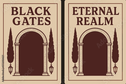 Erebos Vintage Banners. Erebos Gates. Two vertical A6 banners with safe margins, centered composition, no elements touching edges, retro, maroon and beige,