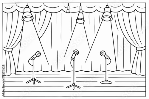 Concert Stage Coloring Page. Empty concert hall stage children?s coloring book illustration, outlined drawing, a wide stage with a curtain backdrop, spotlight