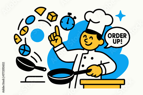 Toy Kitchen Rush. Playroom ? Toy kitchen hustle. Mini pans and geometric veggies fly in tidy arcs; a timer icon ticks above a smiling chef. Label ?ORDER UP!?