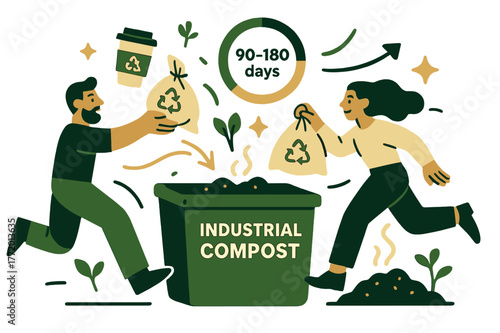 Compostable Packaging Magic. Compostable packaging in action. Coffee cups and produce bags glide into a green bin labeled ?Industrial compost?; a timer ring