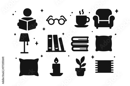 Cozy Reading Icons. Person Reading. Solid icons set of Person Reading: open book, reading glasses, cup of tea, cozy armchair, floor lamp, bookshelf, stack of