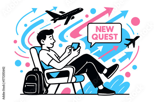 Gaming in Transit. Playing a mobile game on the go ? Airport lounge. Backpack at feet, player leans back in a comfy chair; planes and abstract arrows soar