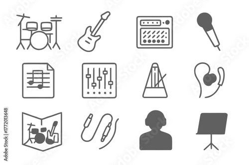Band Rehearsal Icons. Band Rehearsal. Line icon set of Band Rehearsal: drum kit, electric guitar, amplifier, microphone, music sheet, sound mixer, metronome,