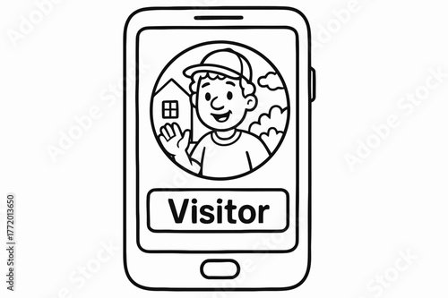 Doorbell Camera Coloring. Doorbell camera notification children?s coloring book illustration, outlined drawing, a phone with a round doorbell cam preview and a