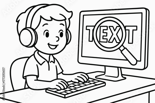 Educational Coloring Fun. Screen reader and large-print materials children?s coloring book illustration, outlined drawing, student wearing headphones at a