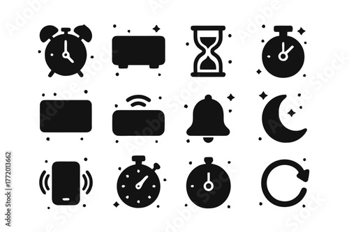 Alarm and Timer Icons. Alarms and Timers. Solid icons set of Alarms and Timers: analog alarm clock, digital clock, hourglass, stopwatch, countdown digits,