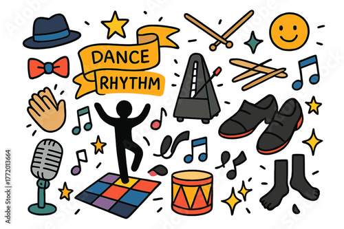 Dance Rhythm Icons. Dance rhythm. Colorful Hand-drawn doodle Children illustration Dance rhythm metronome, drumsticks, music notes, tap shoes, stars, dancer