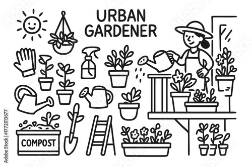 Urban Gardening Essentials. Urban gardener. Hand-drawn doodle illustration urban gardener balcony plants, watering can, gloves, spray bottle, pot, shovel,