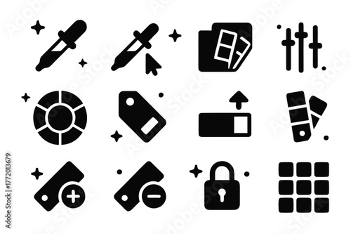 Color Palette Icons. Digital color palette tools. Solid icons set of Digital color palette tools: color picker, eyedropper cursor, swatches panel, RGB sliders,