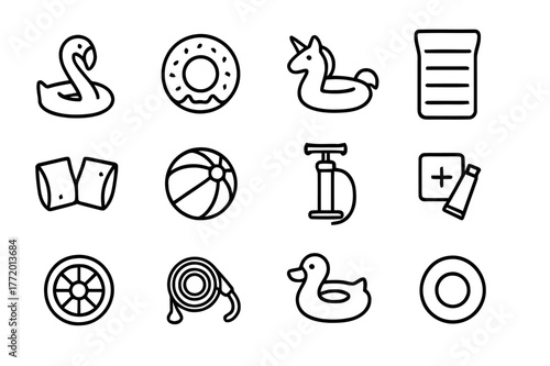 Inflatable Pool Toys Icons. Inflatable Pool Toys. Line icon set of Inflatable Pool Toys: flamingo float, donut float, unicorn float, inflatable lounger, arm