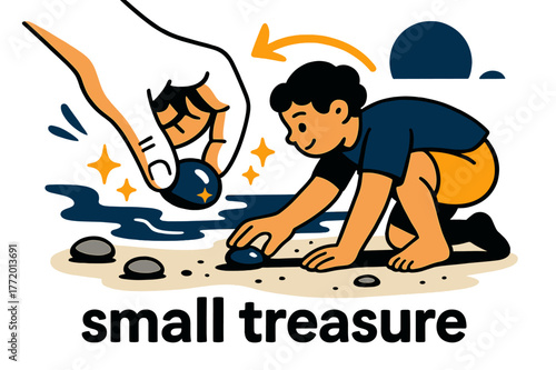Beach Pebble Treasure. Pebble ? Beach Discovery. Child?s hand picks up a shiny stone from the wet sand; gentle sparkle icons mark the find. Caption ?small