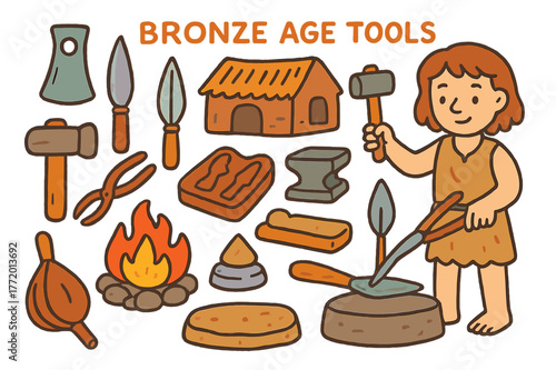 Bronze Age Tools. Bronze Age tools. Colorful Hand-drawn doodle Children illustration Bronze Age tools axe head, knife blade, spear point, hammer, tongs, mold,