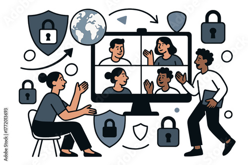 Global Data Collaboration. Online privacy laws and their global implications. Team video conferencing on international data policies with abstract floating