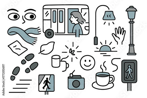 Fleeting Encounter Icons. // Fleeting encounter. Hand-drawn doodle illustration fleeting encounter [eyes meeting (accented), bus door closing, scarf in wind