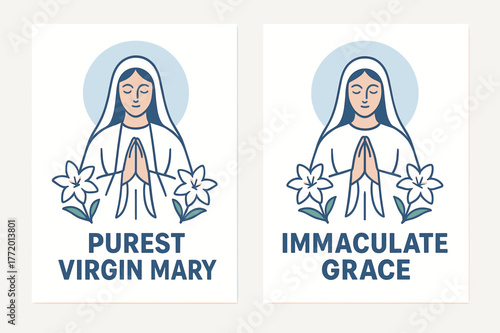 Immaculate Mary Banners. Immaculate Purity. Two vertical A6 banners with safe margins, centered composition, no elements touching edges, flat vector design,