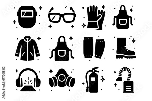 Safety Gear Icons. Safety gear around sparks. Solid icons set of Safety gear around sparks: welding helmet, safety glasses, leather gloves, fire-resistant