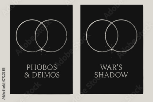 Twin Moons Banners. Twin Terror. Two vertical A6 banners with safe margins, centered composition, no elements touching edges, minimal, black and silver, two