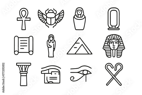 Egyptian Relics Icons. Egyptian relics. Line icon set of Egyptian relics: ankh, scarab, canopic jar, cartouche, papyrus, ushabti, pyramid model, pharaoh mask,