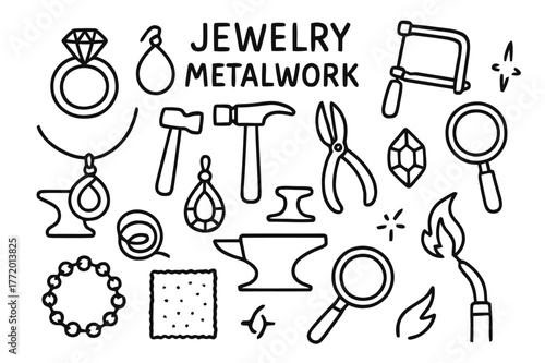 Jewelry Crafting Tools. Jewelry metalwork. Hand-drawn doodle illustration jewelry metalwork ring, necklace, hammer, pliers, anvil, wire, pendant, gemstone,