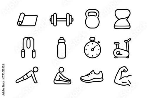 Home Workout Icons. Home Workouts. Line icon set of Home Workouts: yoga mat, dumbbell, kettlebell, resistance band, jump rope, water bottle, timer, exercise