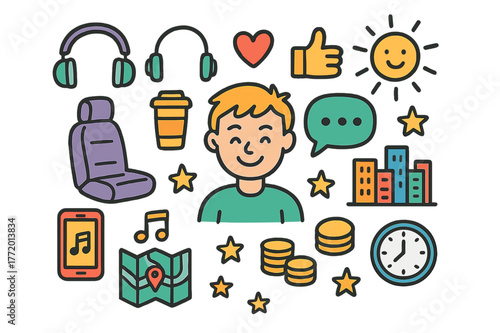 Colorful Passenger Experience. Passenger experience. Colorful Hand-drawn doodle Children illustration Passenger experience car seat, headphones, coffee cup,