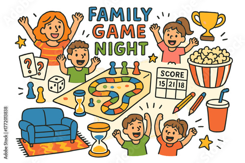Family Game Night Fun. Family game night. Colorful Hand-drawn doodle Children illustration Family game night game board, dice, cards, pawns, timer, popcorn