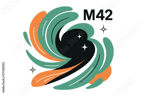 Orion?s Veil Illustration. Orion?s Veil. Layered plumes curve around a dark core; ?M42? hovers in thin type with tiny star crosshairs. Dust filaments sweep in