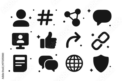 Digital Networking Icons. Online Community and Networking. Solid icons set of Online Community and Networking: profile avatar, hashtag, group nodes, message