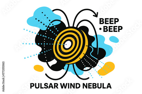 Pulsar Cosmic Symphony. Pulsar Wind Nebula. A central pulse ring ripples outward; ?Beep ? Beep? ticks like a heartbeat beside magnetic field lines. Charged
