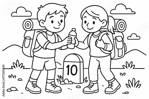 Travelers Helping Each Other. Gratitude and kindness on the road children?s coloring book illustration, outlined drawing, travelers sharing water and helping