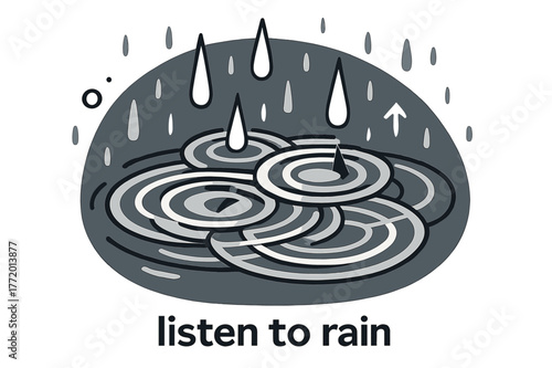 Rainfall Rhythm. Pebble ? Rain Pattern. Ripples overlap across a flat stone surface; droplets fall in calm rhythm. Caption ?listen to rain?. Modern flat vector