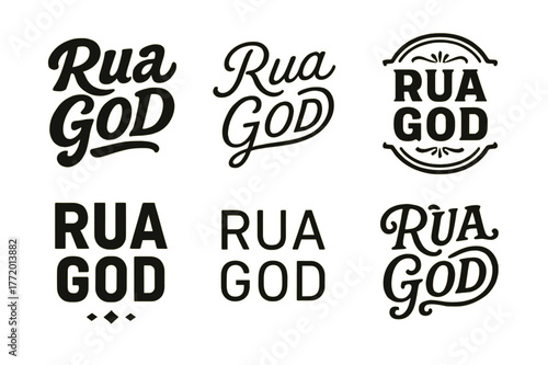Diverse Lettering Grid. Rua God. Set lettering. harmonious lettering variations of the same emblematic concept, each with different artistic interpretation