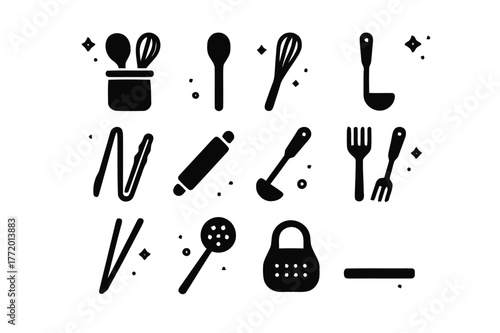 Kitchen Utensil Icons. Kitchen Utensil Holder. Solid icons set of Kitchen Utensil Holder: ceramic jar, wooden spoon, whisk, spatula, tongs, rolling pin, ladle,