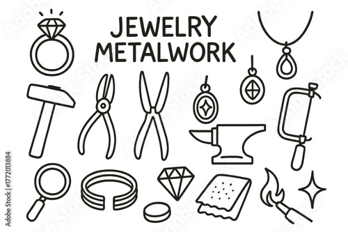 Jewelry Metalwork Tools. Jewelry metalwork. Hand-drawn doodle illustration jewelry metalwork ring, necklace, hammer, pliers, anvil, wire, pendant, gemstone,