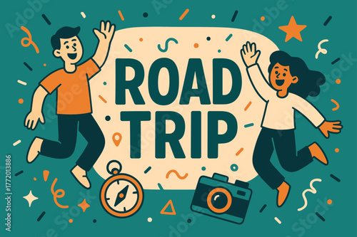 Adventure Awaits!. Road trip banner, flat vector illustration, bold oversized text inside rounded blob, cartoon characters jumping and waving, compass and