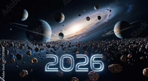 A futuristic space scene features planets, asteroids, and a galaxy backdrop with 