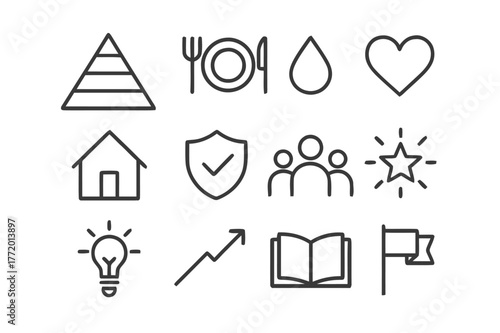 Maslow's Icon Set. Maslow?s hierarchy of needs. Line icon set of maslow?s hierarchy of needs: pyramid, food plate, water droplet, heart, home, safety shield,