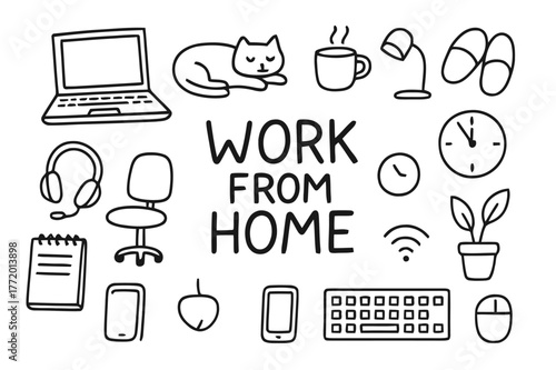 Cozy Home Workspace. Work from home. Hand-drawn doodle illustration work from home laptop, cat, mug, slippers, window, lamp, headset, chair, notebook, clock,