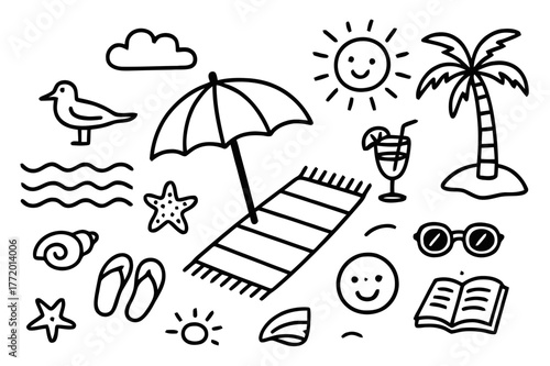 Beach Relaxation Doodles. Beach relaxation. Hand-drawn doodle illustration beach relaxation umbrella, towel, waves, palm tree, sun, seashell, drink,