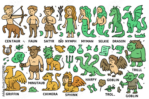 Colorful Mythical Beings. Mythical beings. Hand-drawn doodle illustration mythical beings colored centaur, colored faun, colored satyr, colored nymph, colored