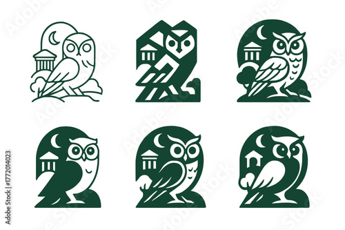 Mythical Deity Logos. Ancient gods and goddesses in a mystical landscape. Set Logo of Ancient gods and goddesses in a mystical landscape: Athena owl. Icon set.