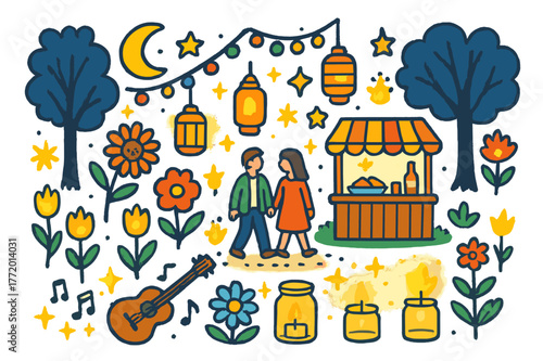 Enchanting Evening Garden. Evening garden lights. Colorful Hand-drawn doodle Children illustration Evening garden lights fairy lights, lanterns, flowers