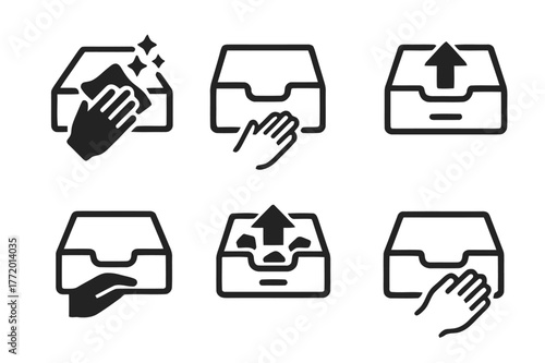 Minimal Storage Logos. Cleaning Out a Drawer. Set Logo of Decluttered Space: Minimal outline, Negative space, Flat solid, Symmetrical form, Stylized detail,