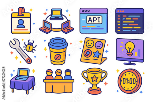 Hackathon Icon Set. Student hackathon. Colorful isometric vector icons set of Student hackathon: registration badge, team laptop circle, API docs window, code