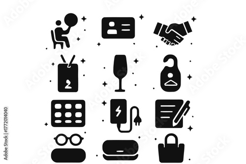 Collector Icons Grid. Collector experience. Solid icons set of Collector experience: bidder seat, business card, handshake deal, membership card, VIP badge,