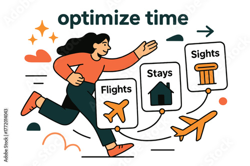 AI Trip Planner. AI Assistants ? Trip Planner. Cards for flights, stays, and sights snap into a smooth itinerary line; a tiny plane follows the path. Caption